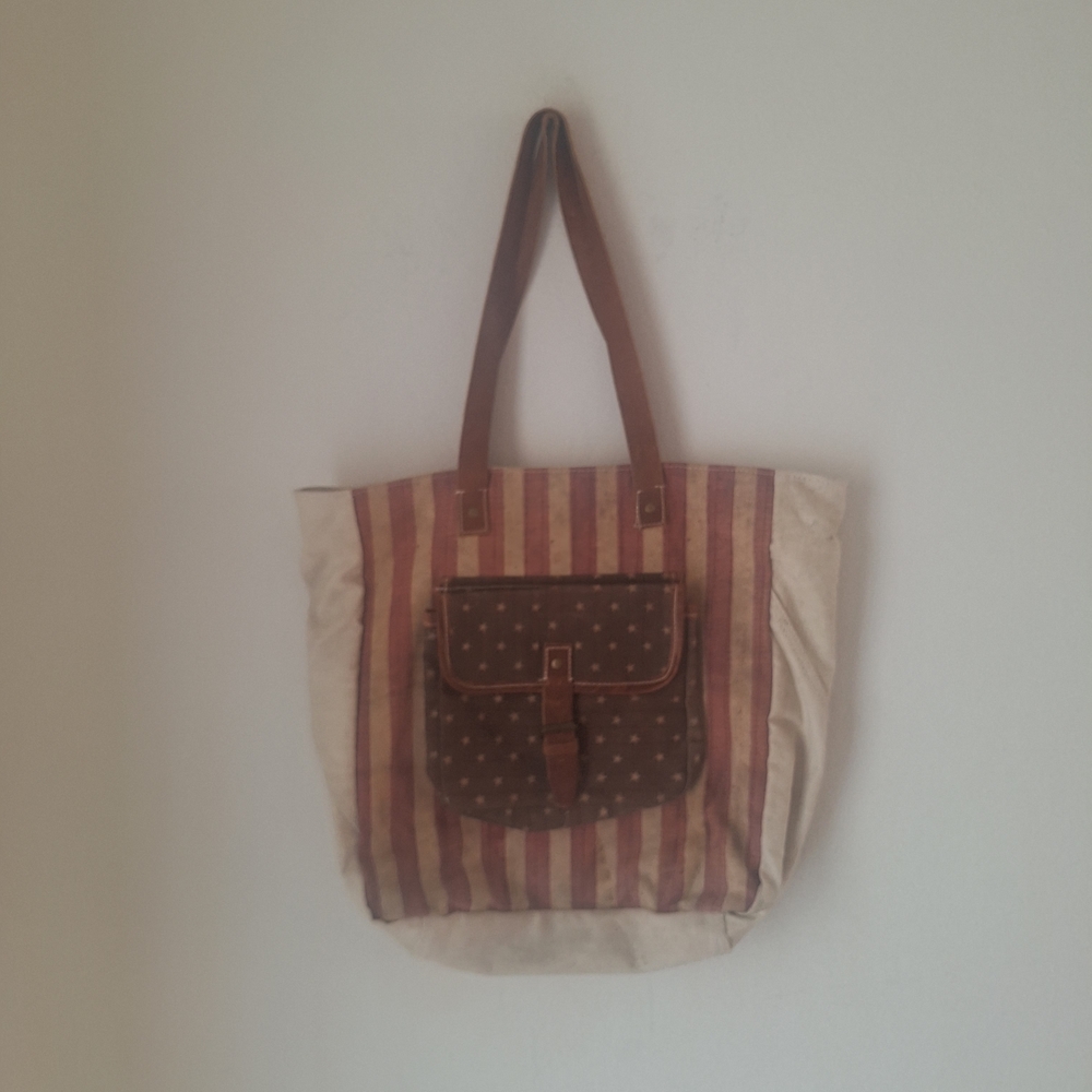 Patriotic With Flag Canvas Shoulder Bag with Brown Pocket 10p